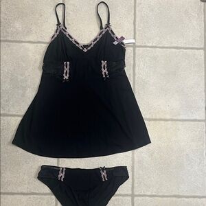 Adore Me Black Chemise with Pink Lace Trim and Matching Brief